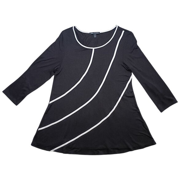 Cable & Gauge Black A-Line Tunic Top M White Trim 3/4 Sleeve Stretch Knit - Picture 8 of 8